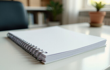 A blank, spiral bound notebook lies open on a clean white desk