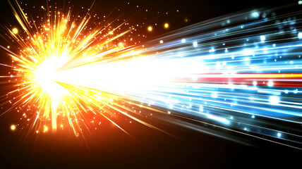 Obraz premium Bright and dynamic abstract image featuring glowing light rays in vibrant colors, creating sense of energy and motion. interplay of orange and blue hues evokes excitement and creativity