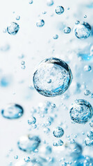 Blue water bubbles and splashes on clean background, aesthetic mockup. Generative AI