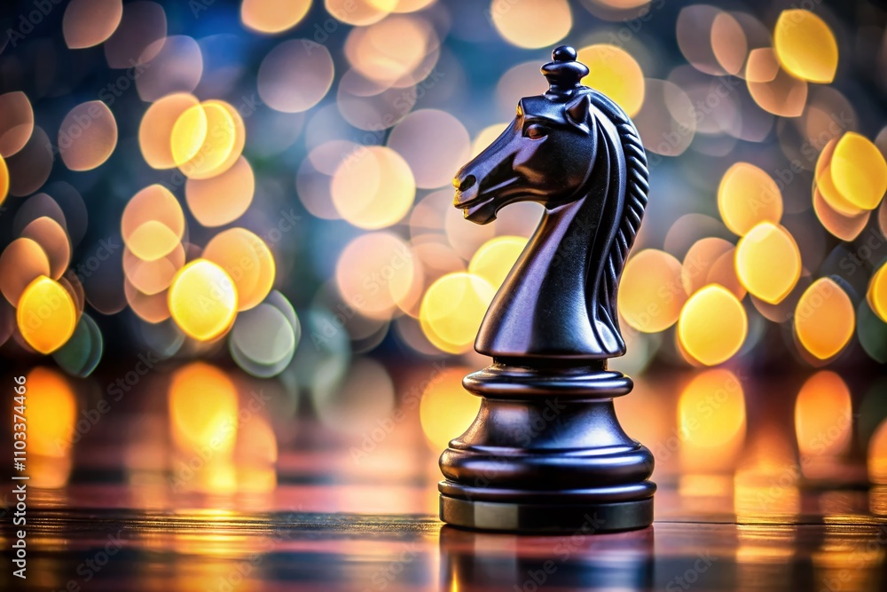 Poster a sleek black knight chess piece on a glossy surface with bokeh effect representing strategy and int