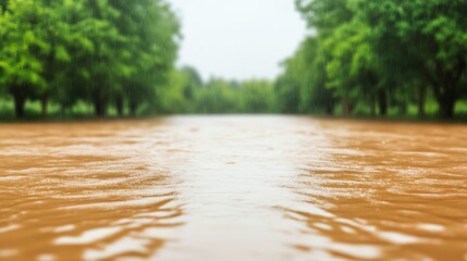 Flooded river, muddy water, green trees