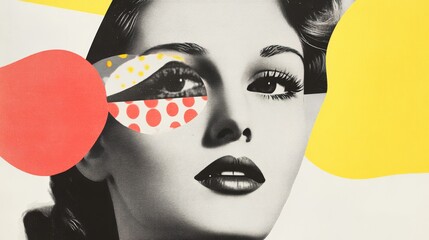 Surreal collage of vintage advertisements with exaggerated typography and colorful patterns, evoking a sense of pop art.