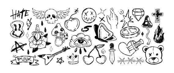 Y2k tattoo sticker set, charcoal pencil punk rock symbols. Grafitti hand drawn doodle crayon gothic smile emoji, bear head, fly agaric, stabbed heart, barbed wire, eye, stars, fire flame grunge icons