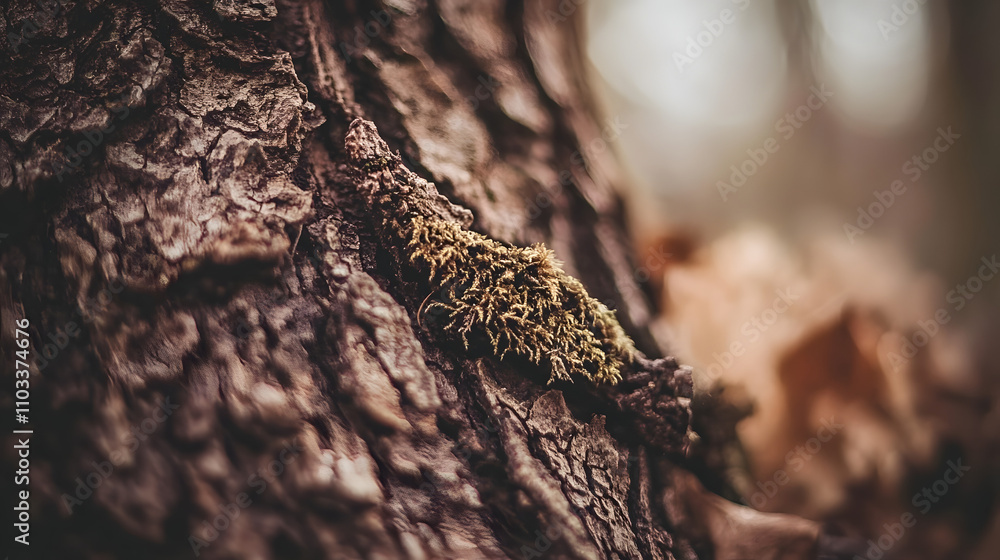 Poster close-up shot of moss growing on a tree trunk. the texture of the bark is rough and weathered, contr