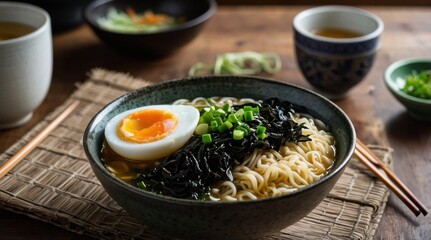 Udon plate, egg, noodles, green onion, seaweed