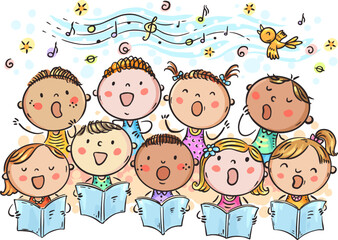 Cartoon children choir. Kids choir singing. Group of children singing. Kids group performance. Happy little boys and girls singing song together. Choristers concert
