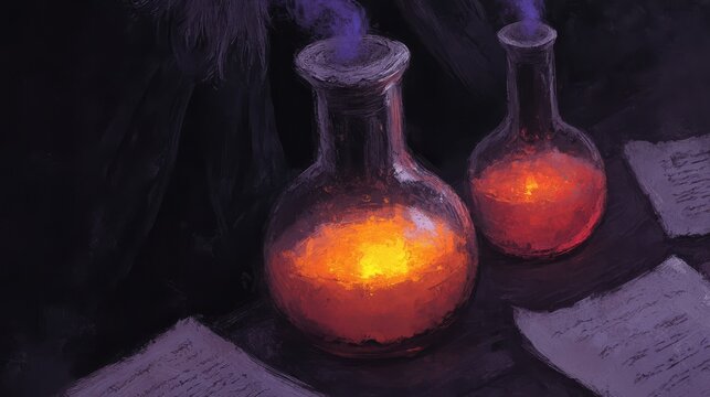 A vibrant, colorful image depicting a mysterious alchemist mixing glowing potions in a dark, candlelit room filled with ancient.