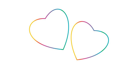 Two gradient multicolor hearts outlines on a white background. Minimalistic romantic illustration for wedding or Valentine's Day designs.