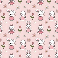 Fototapeta premium light pink pattern of cute, animated bunnies and flowers. 