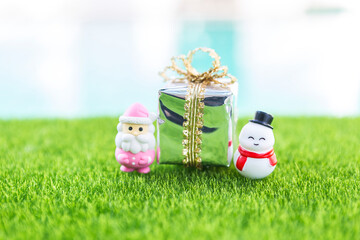 Cute little snowman and pink Santa Clause with gift box on green grass over blurred background, Happy Christmas background idea