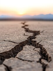 Cracked earth at sunset, arid landscape.