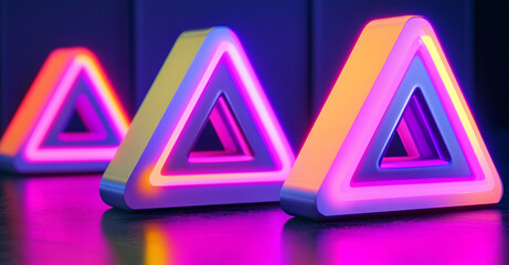 Brightly illuminated triangular shapes create vibrant display against dark background, showcasing stunning interplay of colors and light. glowing edges enhance modern aesthetic, evoking sense of