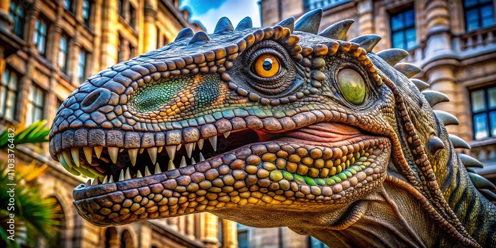 Poster a stunning architectural interpretation of a dinosaur's head in close-up, showcasing intricate textu