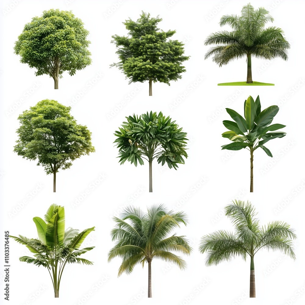 Poster collection of various trees showcasing different shapes and sizes in a natural arrangement