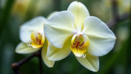 Fototapeta premium Elegant yellow and white orchids bloom with intricate petal details set against a lush, blurred green background
