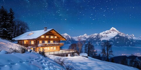 Naklejka premium A traditional wooden cabin perched on a snowy hill, with the majestic Swiss Alps in the background and a dazzling canopy of stars above.