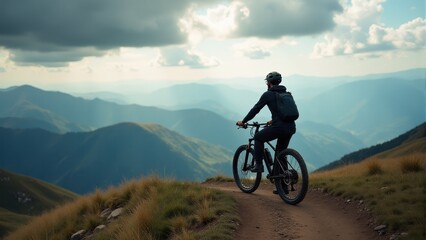 Obraz premium Cyclist enjoying a scenic mountain trail ride under dramatic clouds, with expansive views of rolling hills and valleys in the background