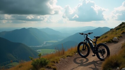 Fototapeta premium A mountain bike rests on a winding trail overlooking a vast, serene valley with majestic rolling hills under a cloud-filled sky