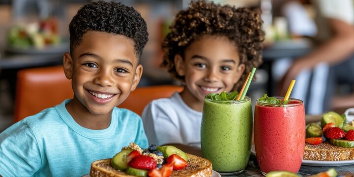 Getting the kids ready for school concept, Two joyful children smile while enjoying colorful smoothies and fresh fruit dishes at a vibrant café setting.