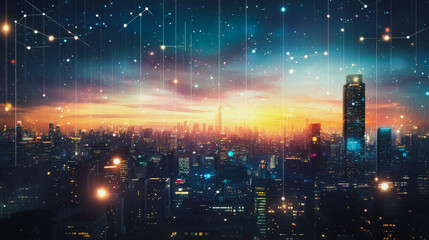 Fototapeta premium Smart digital city with connection cyber security network reciprocity over the cityscape . future smart wireless digital city and social media networking systems that connects people within the city