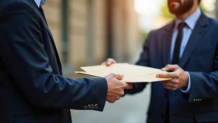 Two business professionals exchanging confidential documents in a formal setting, highlighting trust and collaboration in corporate environments