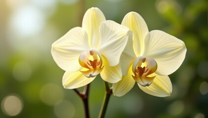 Elegant yellow orchids beautifully illuminated against a soft, blurred green background, showcasing delicate petals and intricate details