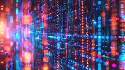 Abstract digital background with vibrant lights and patterns resembling data streams.
