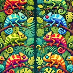 Vibrant Chameleons in a Lush Jungle Paradise