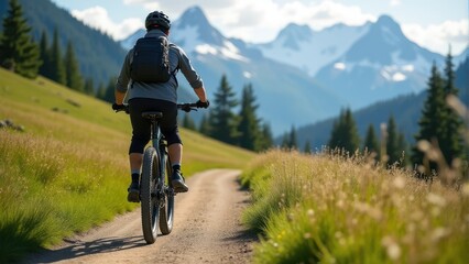 Obraz premium A cyclist rides on a scenic mountain trail surrounded by lush greenery and majestic peaks under a clear blue sky