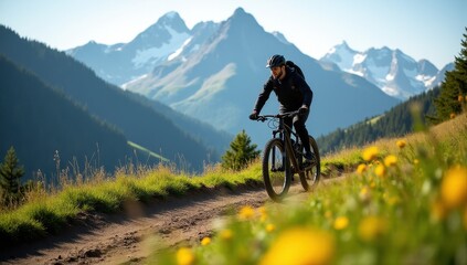 Fototapeta premium Mountain biker rides a dirt trail amidst blooming wildflowers with breathtaking snow-capped peaks in the background on a sunny day
