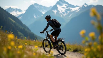 Obraz premium Cyclist rides along a scenic mountain trail with vibrant wildflowers and snow-capped peaks as a stunning backdrop