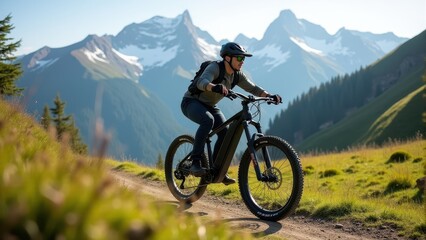 Obraz premium A cyclist rides an electric mountain bike on a sunny trail with majestic alpine peaks in the background, showcasing the thrill of outdoor adventure
