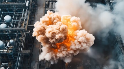 Industrial facility with large explosion, cloud of smoke and fire, surrounded by metal structures and pipelines.