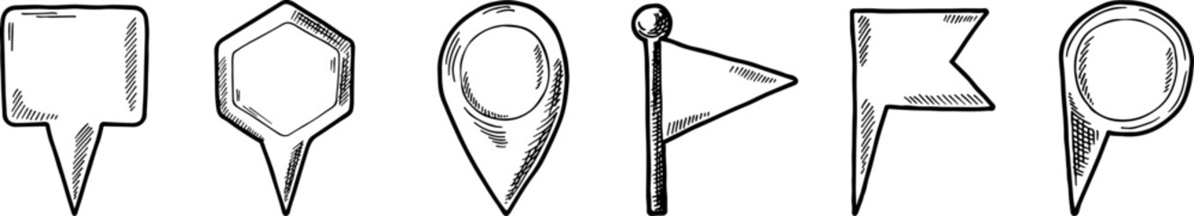 A set of six different shaped pins with a flag on top