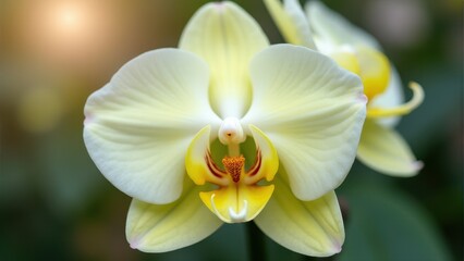 Close-up of a delicate, pale yellow orchid in bloom, showcasing intricate petal details against a soft, blurred background