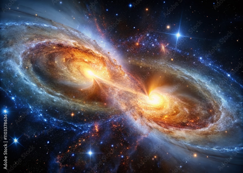 Poster a stunning long exposure of a cosmic collision between two galaxies with intertwining streams of sta