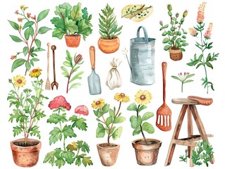Fototapeta premium Charming gardening stickers in watercolor lush greenery