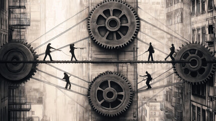 Obraz premium Businesspeople walking on tightropes and turning giant gears in urban setting