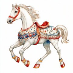 Circus Horse Watercolor Painting. Illustration of Fast Galloping White Animal with Flowing Mane