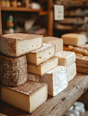Assorted cheeses stacked on a wooden table.