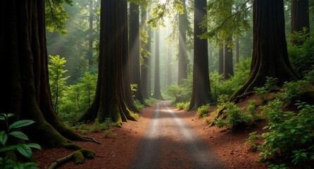Obraz premium Redwood National Park shot with Nikon D850 and Nikon AF-S NIKKOR 14-24mm f/2.8G ED lens, natural light, style of National Geographic, taken from the west, highlighting dense forest.