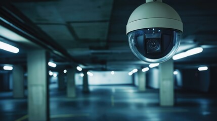 Security camera monitoring empty parking garage at night