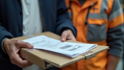A delivery person hands a package and shipping document to a customer, symbolizing efficient parcel service and logistics