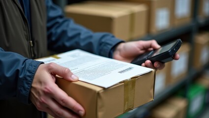 Close-up of a person in a warehouse scanning a cardboard package with a barcode scanner, surrounded by shelves of neatly stacked boxes