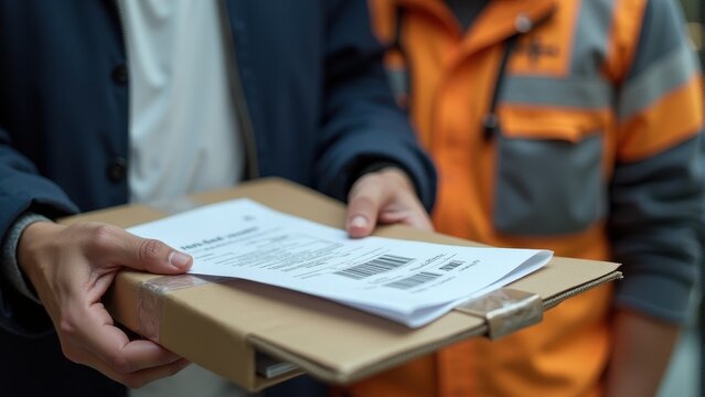 A delivery person hands a package and shipping document to a customer, symbolizing efficient parcel service and logistics
