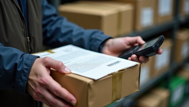 Close-up of a person in a warehouse scanning a cardboard package with a barcode scanner, surrounded by shelves of neatly stacked boxes