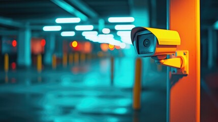 Security camera monitoring parking area with neon lights