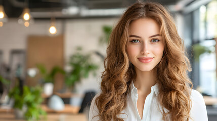 Obraz premium Young successful businesswoman at corporate office looking at camera