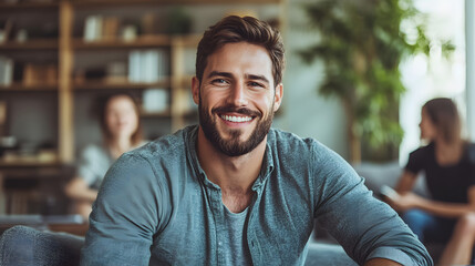 Fototapeta premium Young smiling couple sitting on sofa and talking with psychologist trying to find problems and solution at counselor's office. Family therapy, relationship and mental health concept.
