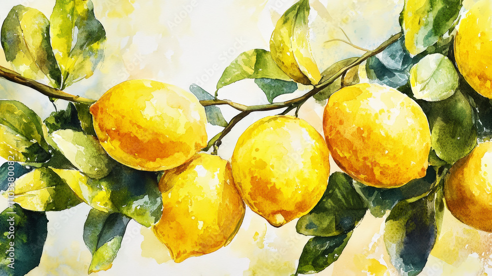 Wall mural Hand drawn watercolor painting of lemons with green leaves. Aesthetic watercolor wallpaper print. Generative AI